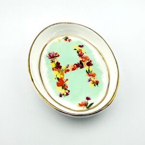 Anthropologie Floral Monogram Trinket Dish - Mint and Gold
